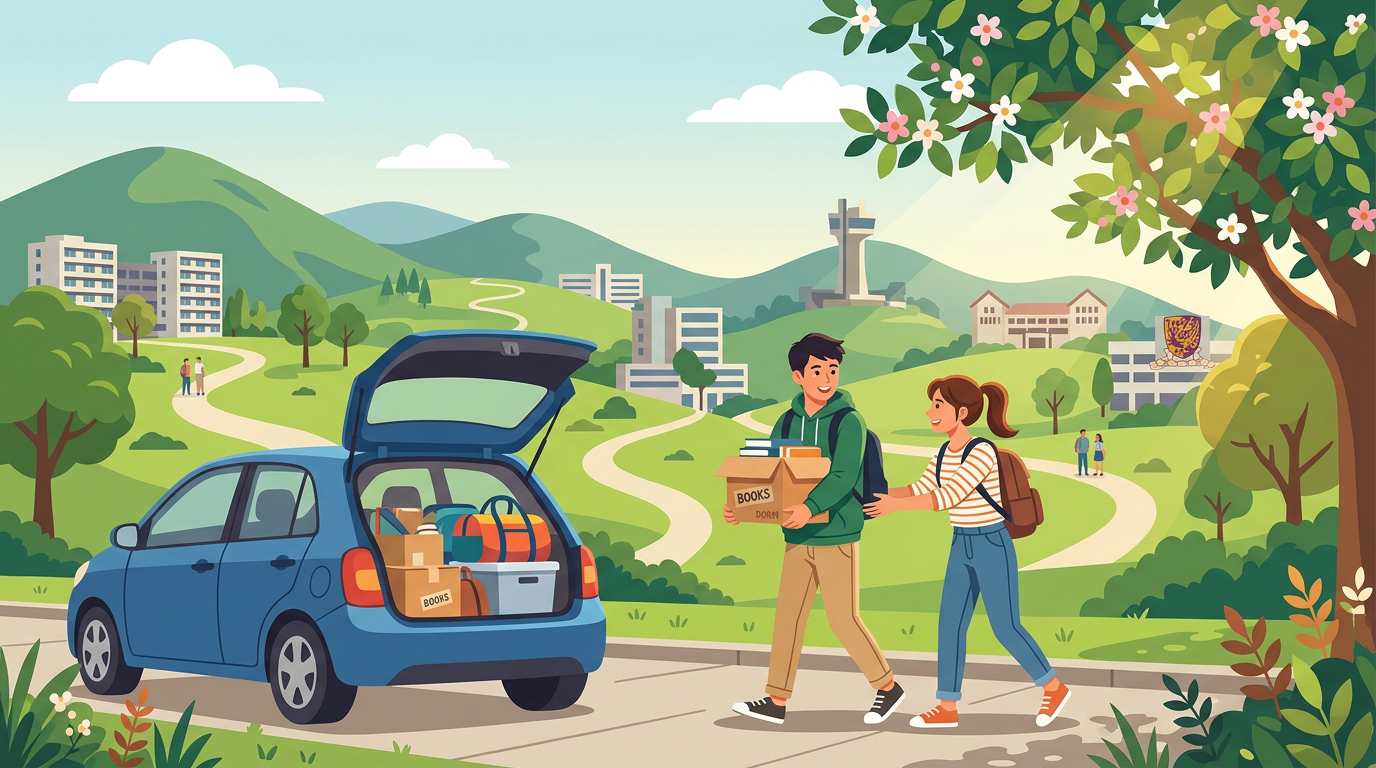 CUHK campus scene: students loading luggage into a vehicle for move-in or move-out help